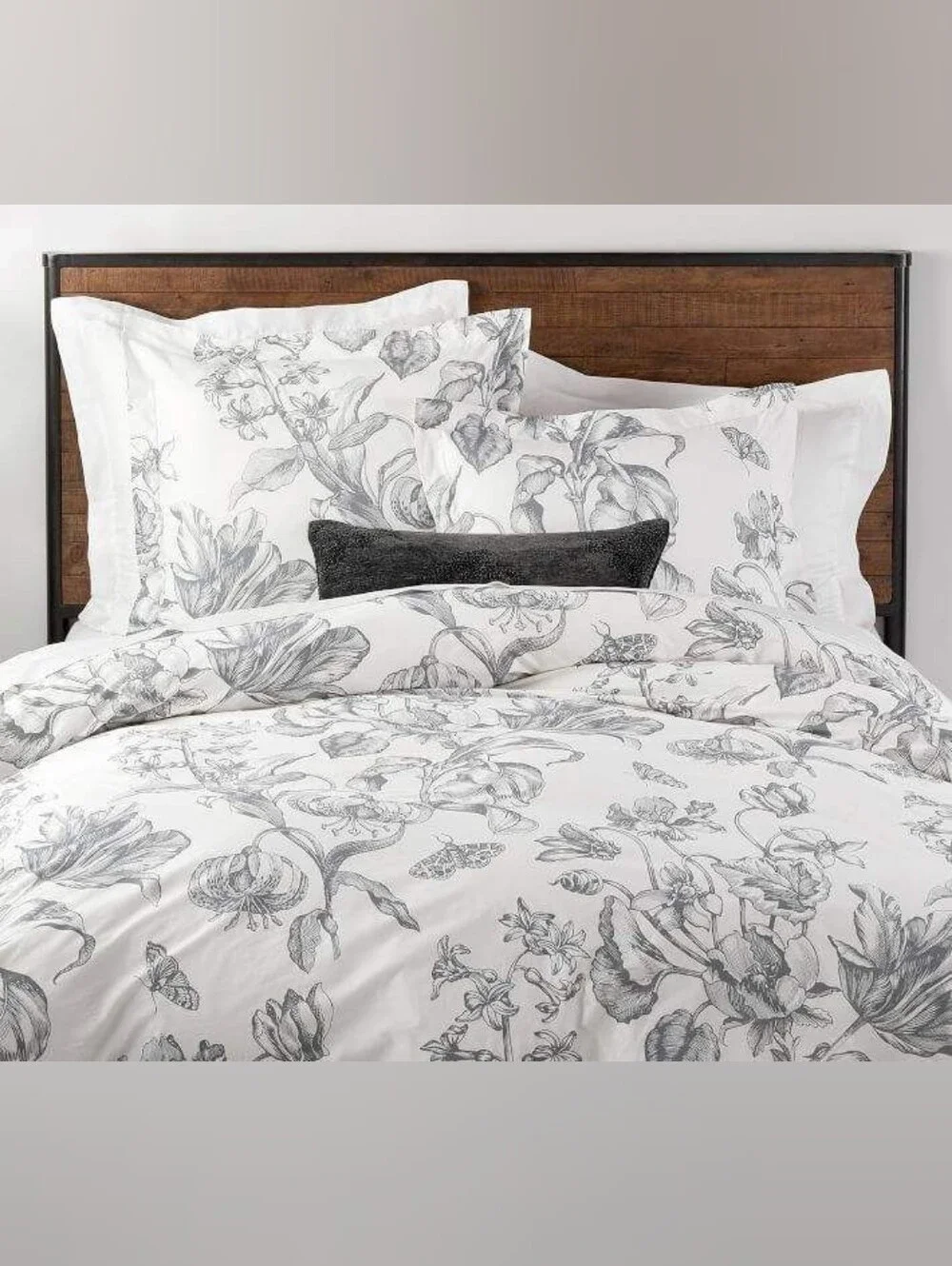 Pottery Barn Full/ Queen Duvet & Euro Sham Set Botanical White Gray Floral Pippa